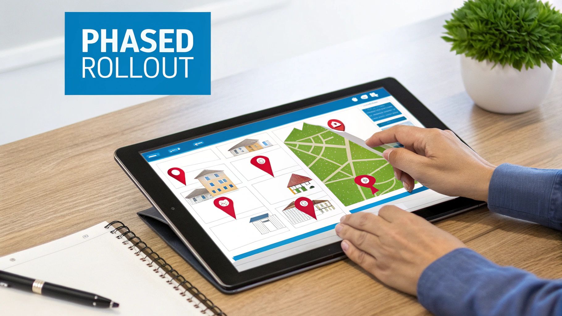 Hands interacting with a tablet displaying a map of houses and location pins, labeled 'PHASED ROLLOUT'.