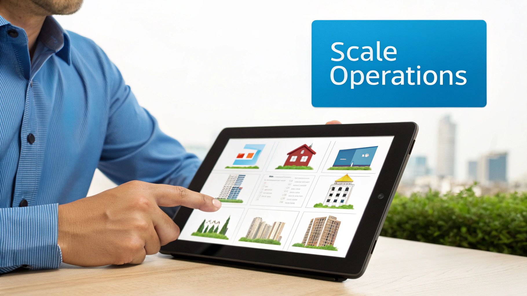A person in a blue shirt interacts with a tablet showing property management applications and "Scale Operations" text.