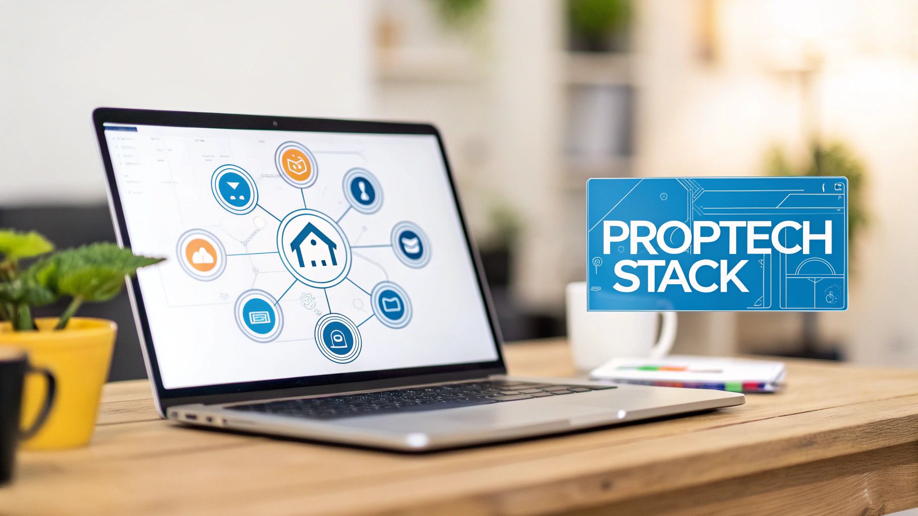 Laptop screen showing a property technology stack interface with a central house icon and various connected services.