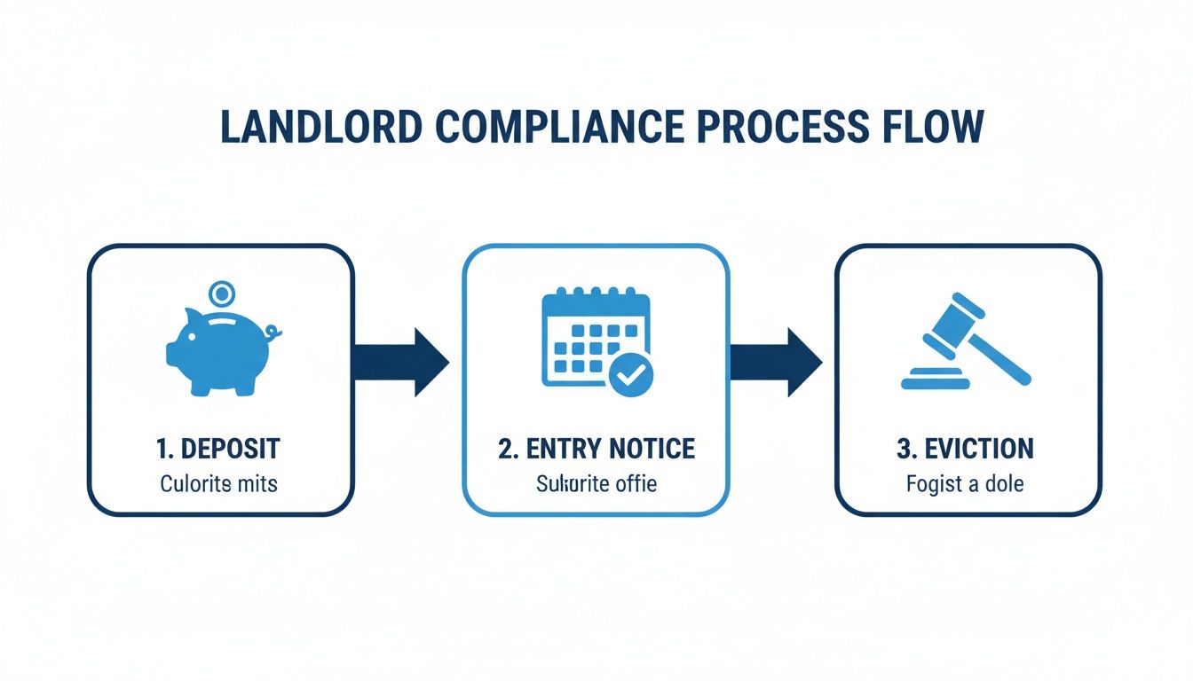 A landlord compliance process flow diagram showing three steps: Deposit, Entry Notice, and Eviction.