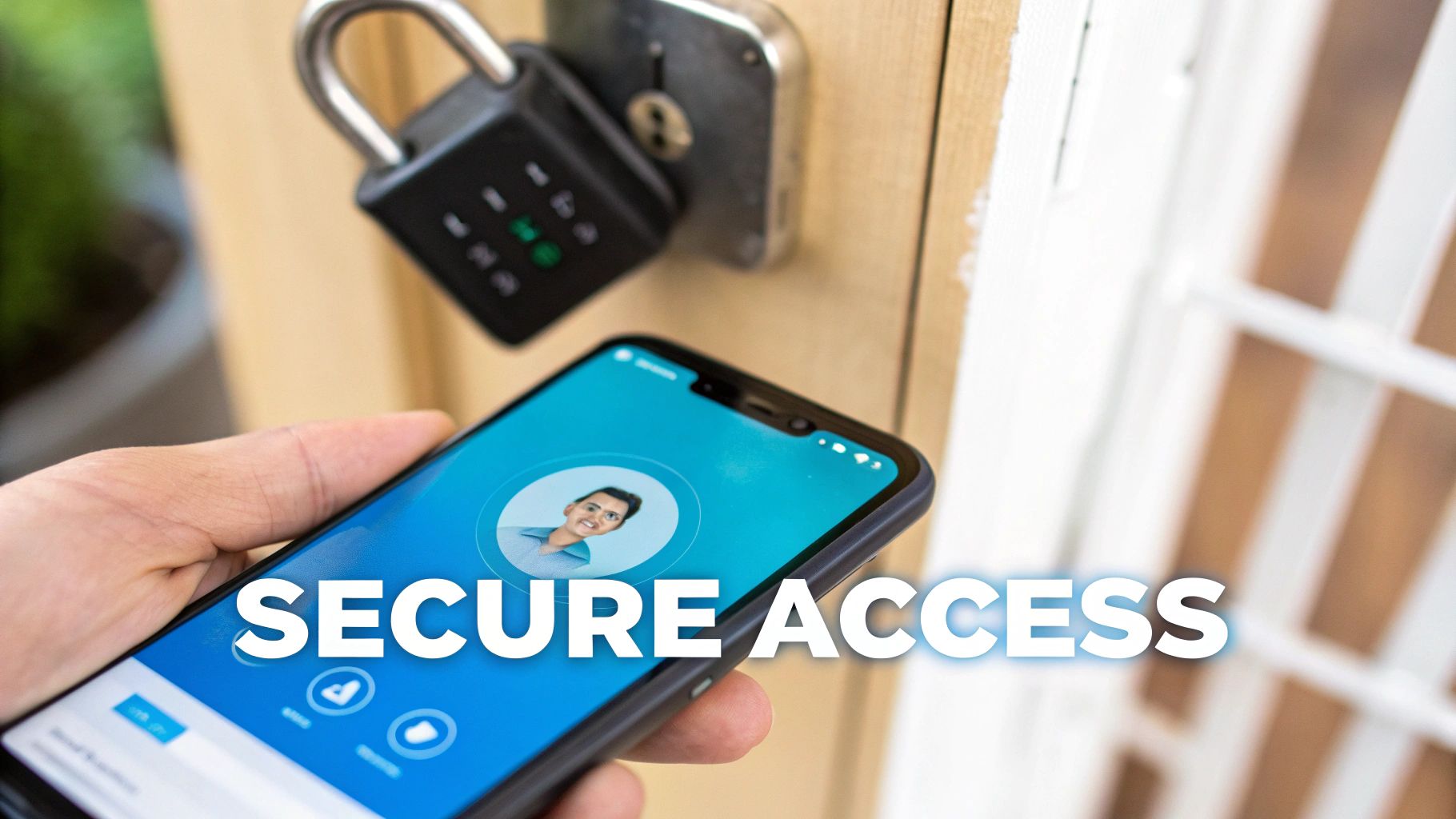 A hand holds a smartphone displaying 'SECURE ACCESS' near a combination lock on a door.