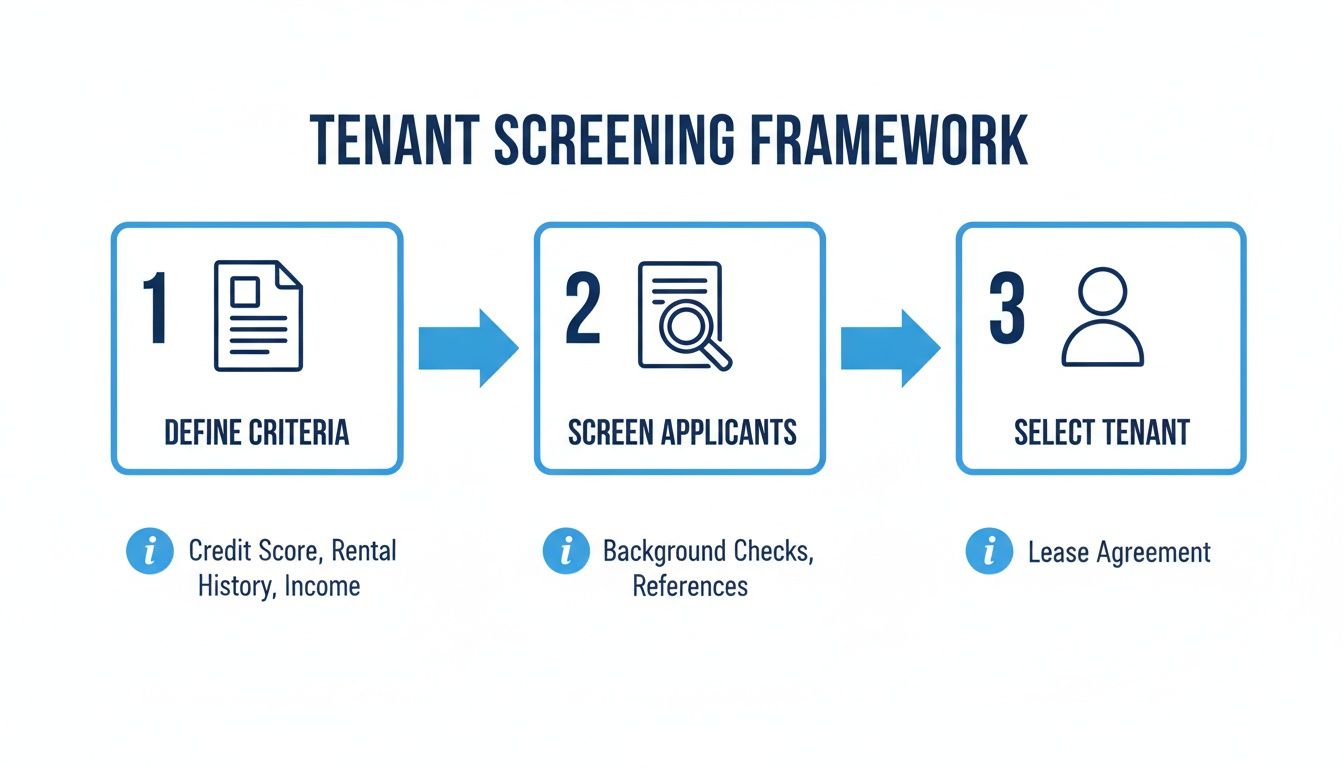 Infographic illustrating a three-step tenant screening framework: define criteria, screen applicants, and select tenant.