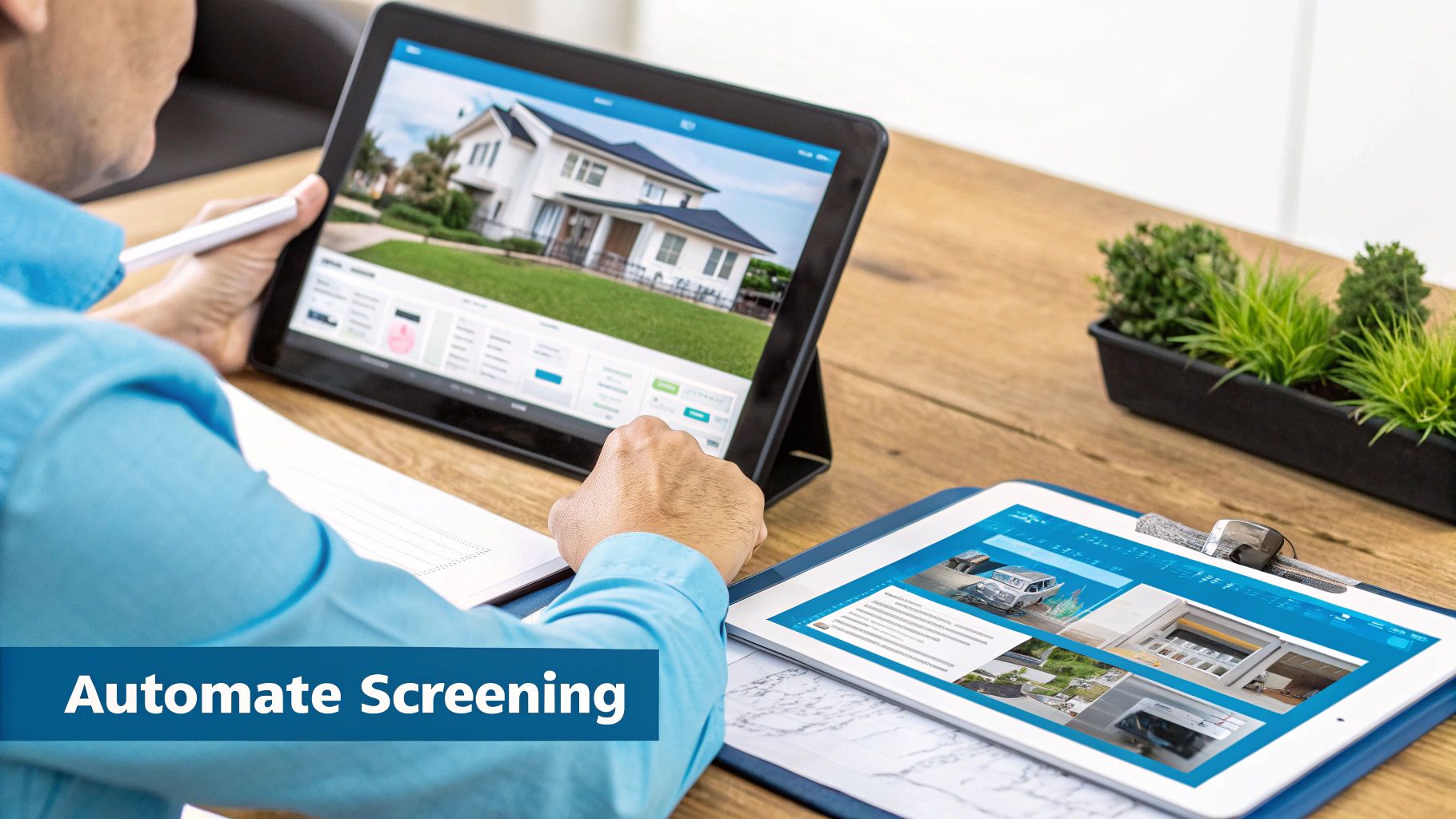 A person views a smart home dashboard on a tablet while another tablet displays property listings.