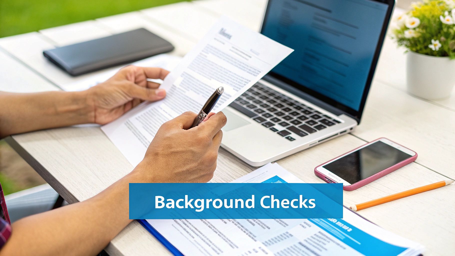 A person reviews documents and holds a pen at a desk with a laptop and smartphone, with a 'Background Checks' overlay.