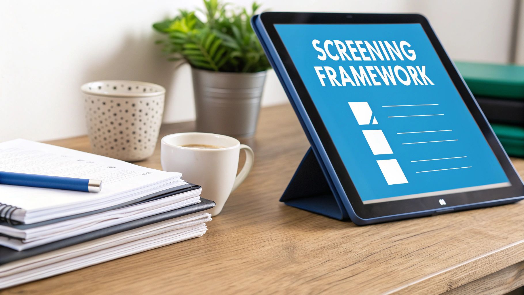 A tablet displaying 'SCREENING FRAMEWORK' alongside a stack of documents, a pen, and a coffee cup on a wooden desk.