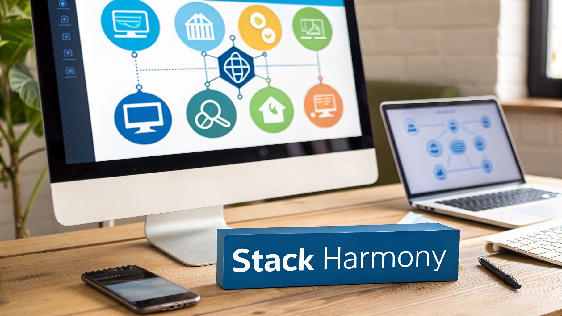 A modern office desk with computer screens displaying interconnected software icons and a 'Stack Harmony' sign.