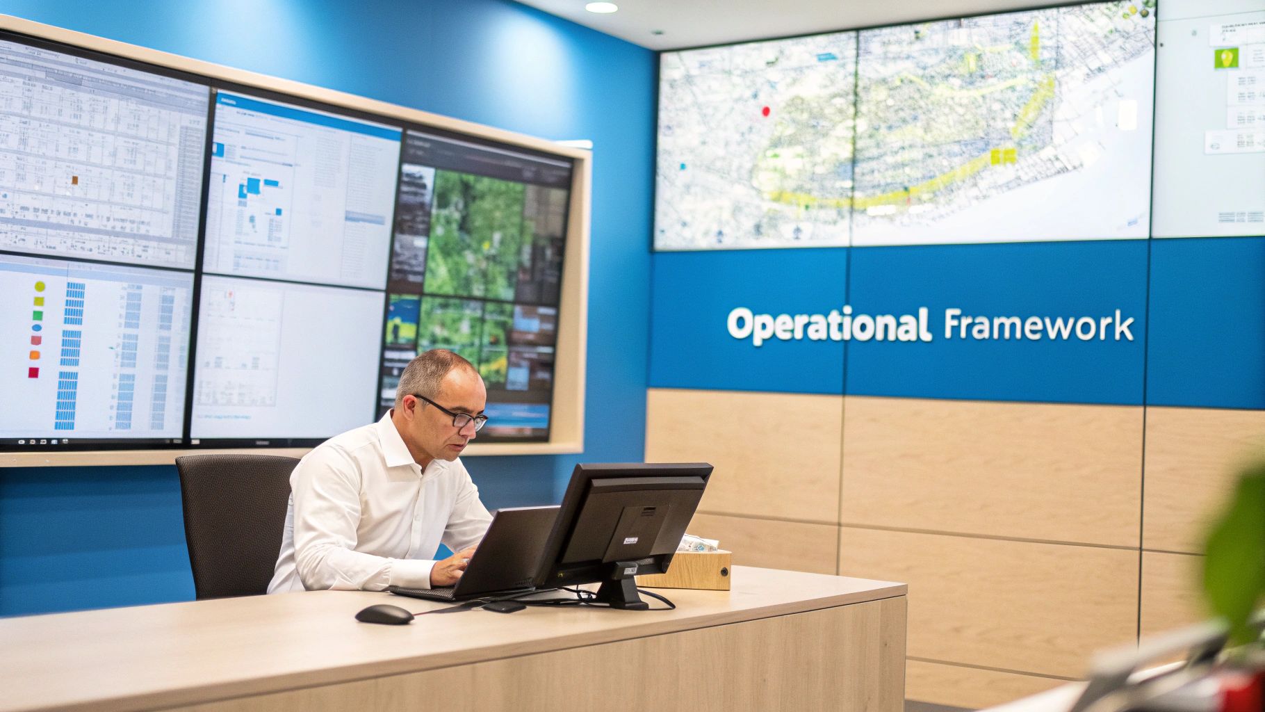A man works at a desk in a modern control room with multiple data screens.