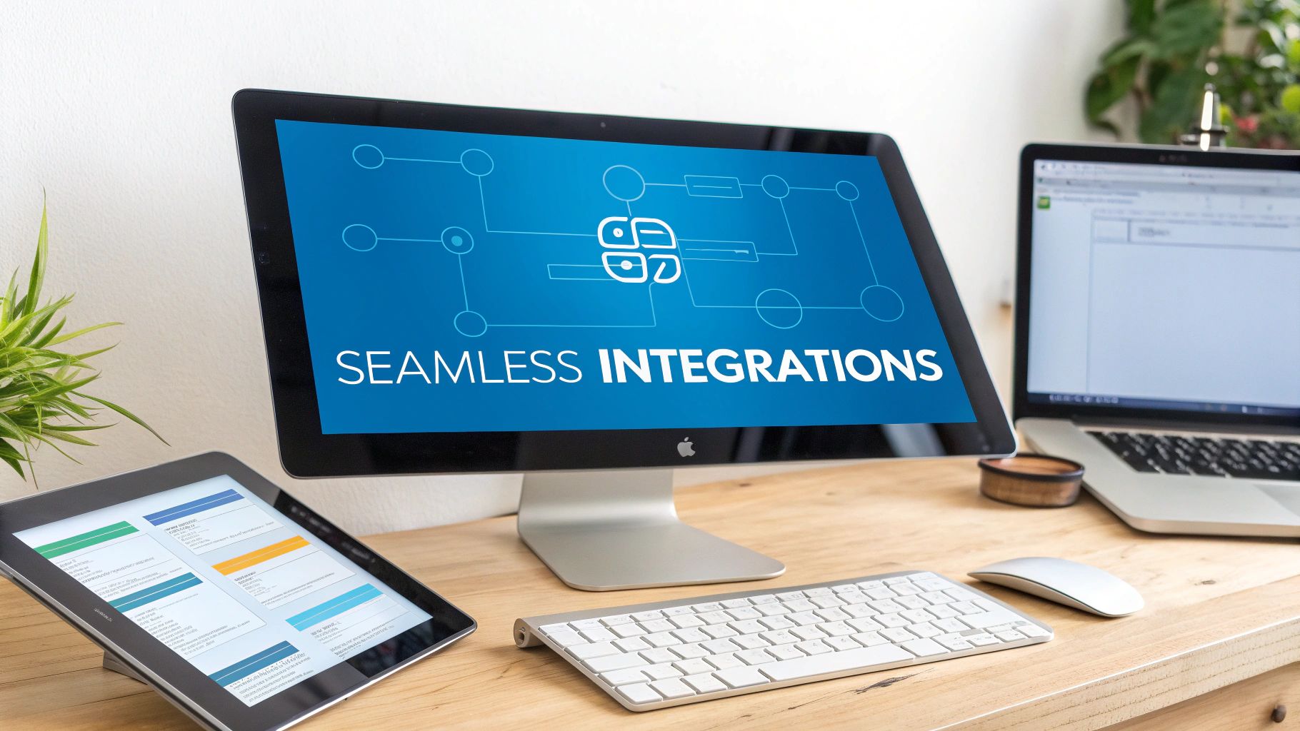 A modern office desk with an iMac displaying 'Seamless Integrations', an iPad, and a MacBook.