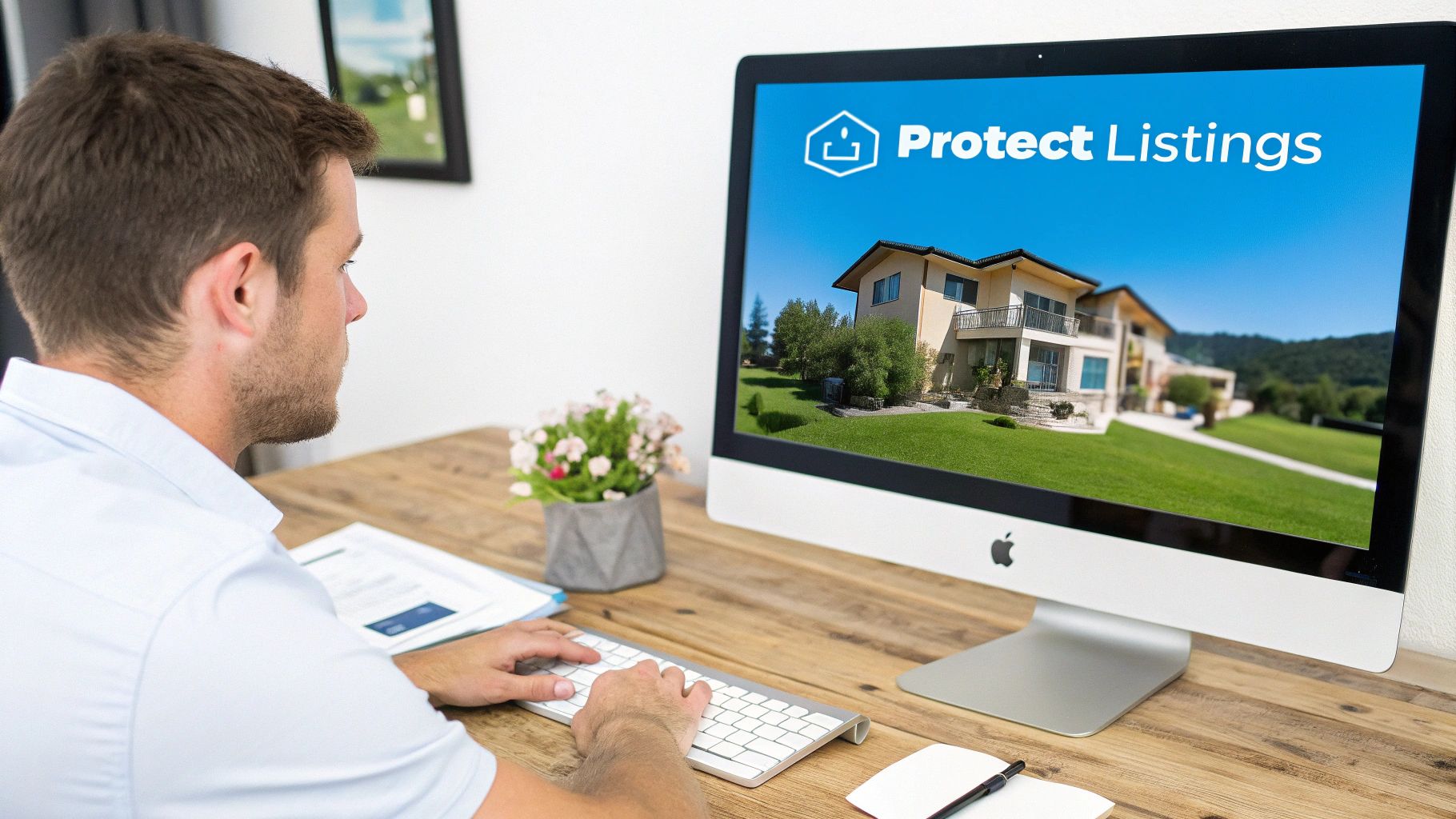 A man types on a keyboard while looking at a computer screen displaying a house and "Protect Listings".