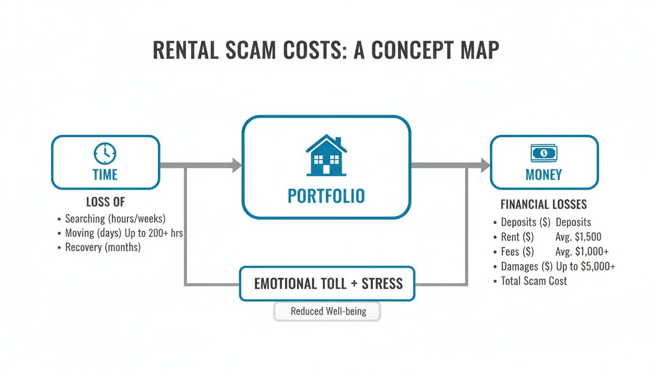 A concept map showing the various costs of rental scams, including time, money, and emotional stress.