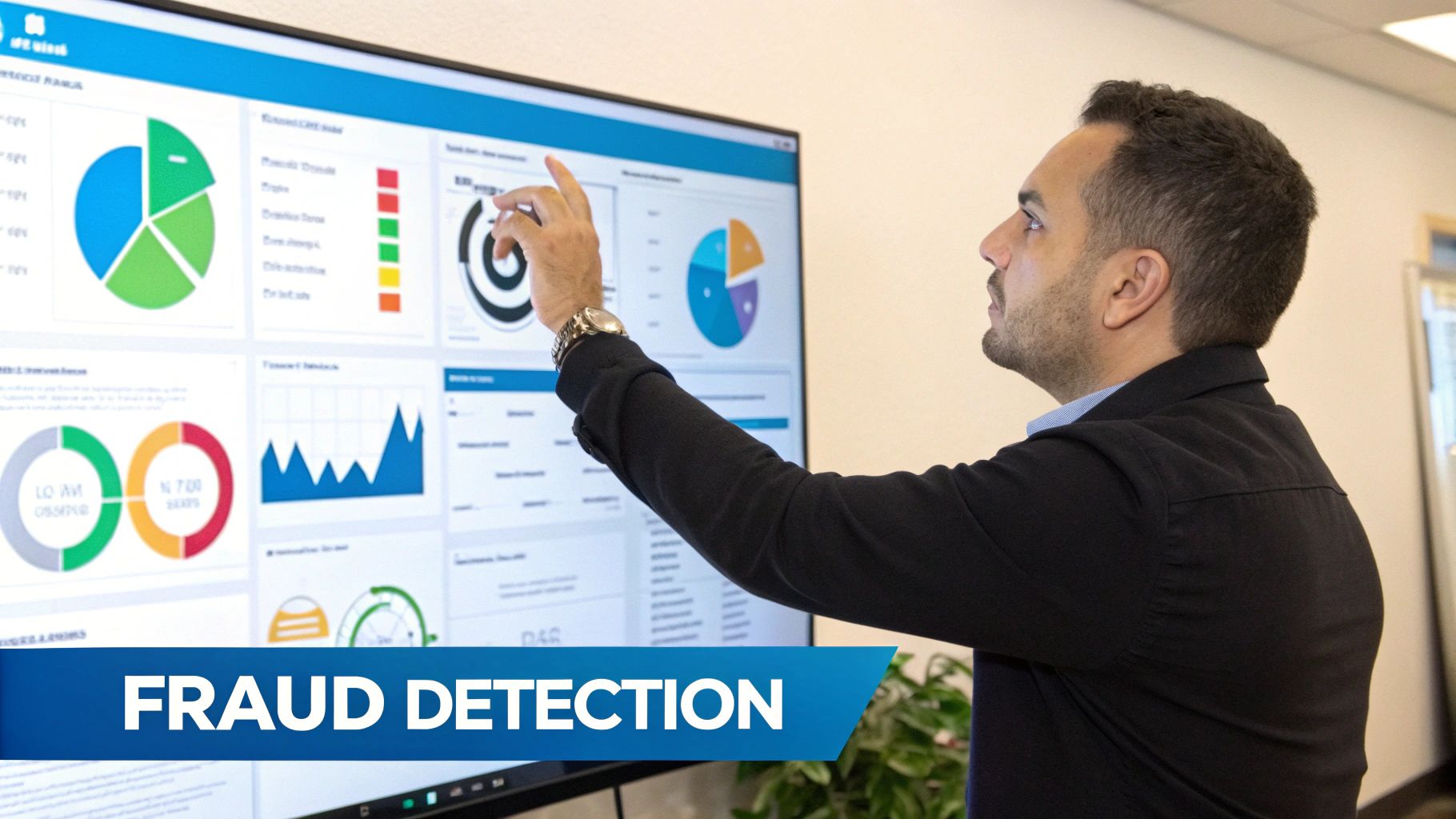 A man interacting with a large screen displaying fraud detection data analytics and charts.