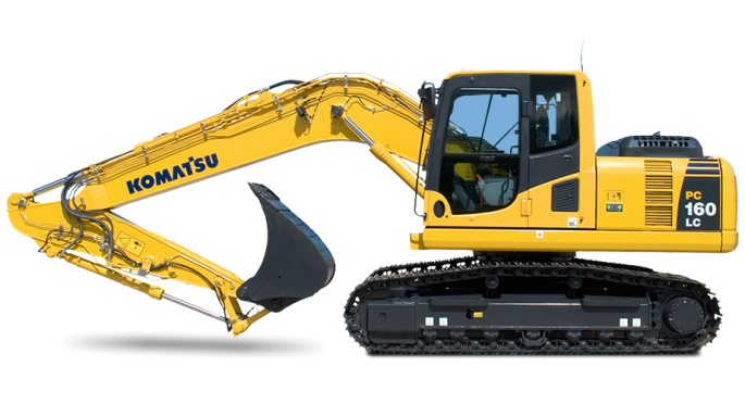 Yellow Komatsu PC160 LC excavator with extended arm and black bucket on black tracks.