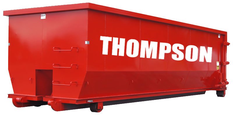 Large red industrial dumpster with the white text 'THOMPSON' on the side.
