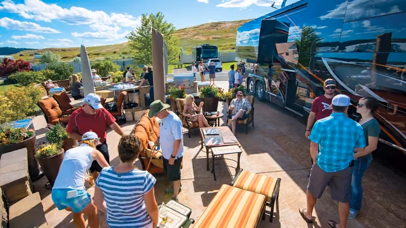 People enjoying a beautiful day at Polson Motorcoach Resort