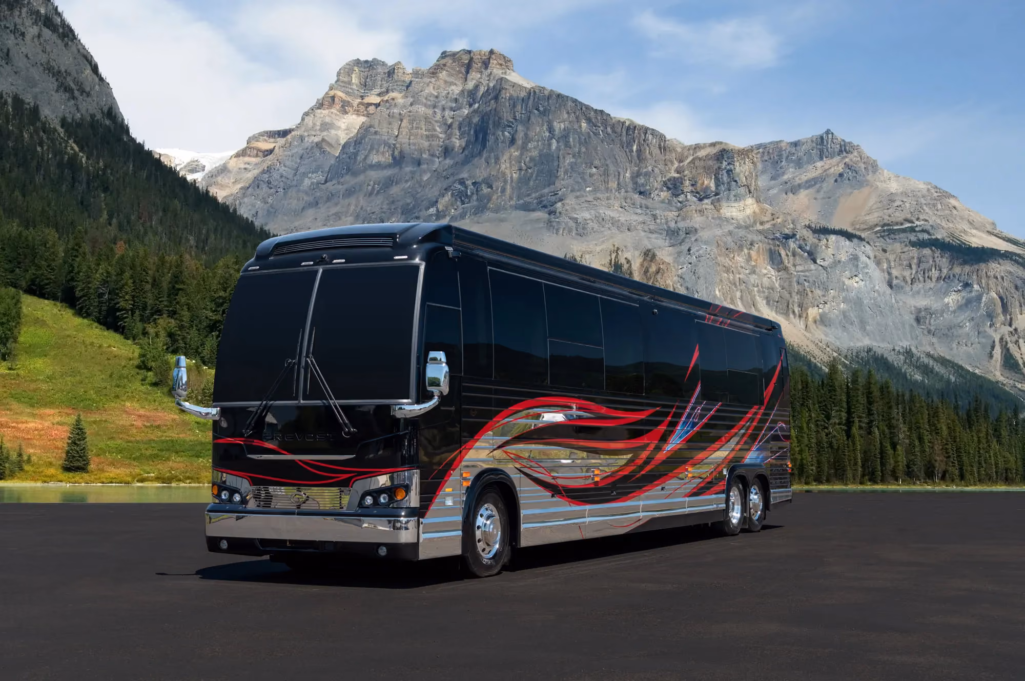 Exterior glamour shot of 2021 Marathon Show Coach 1325 on Prevost X3-45 chassis