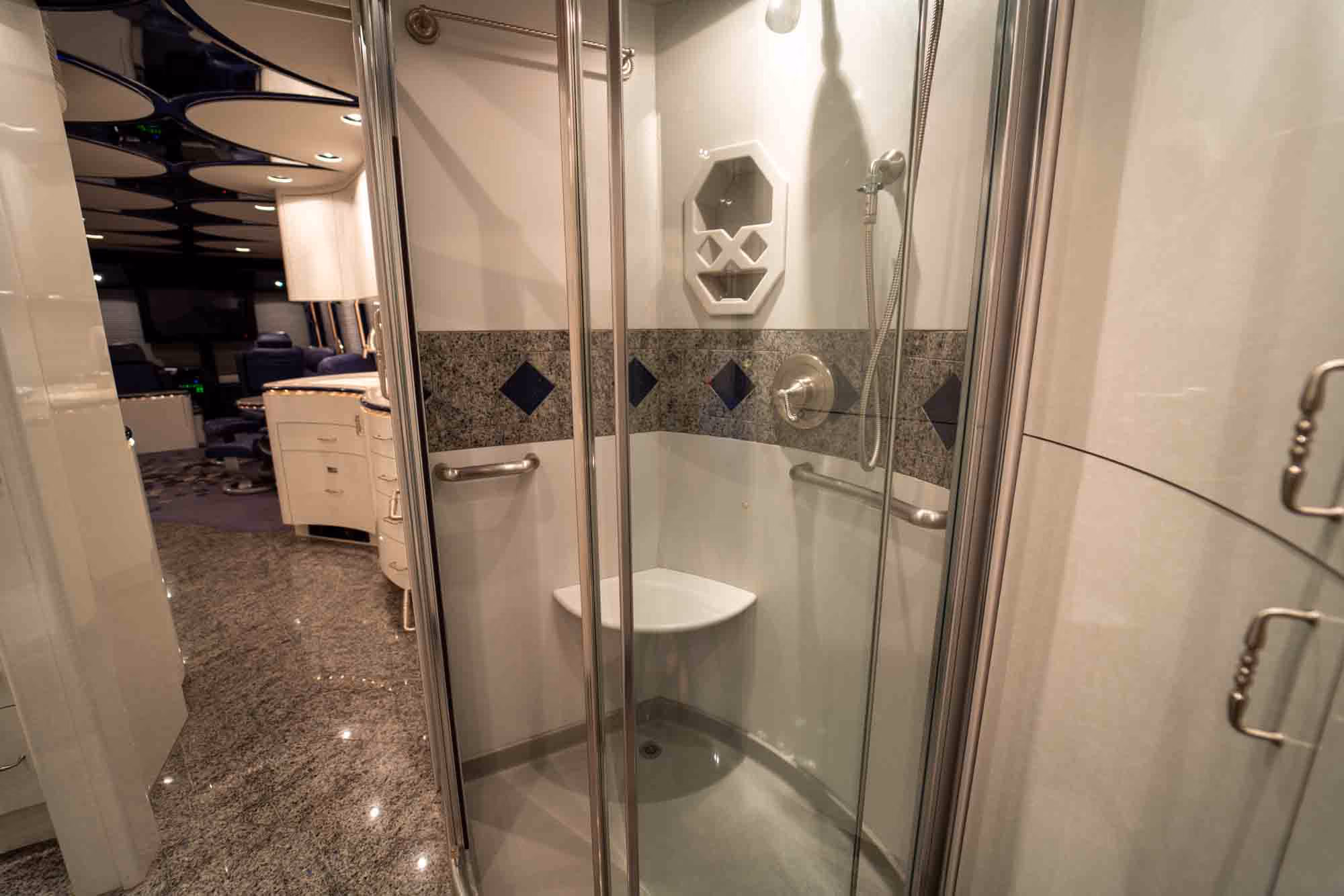 Interior galley countertop and cabinetry in Marathon Coach 1038