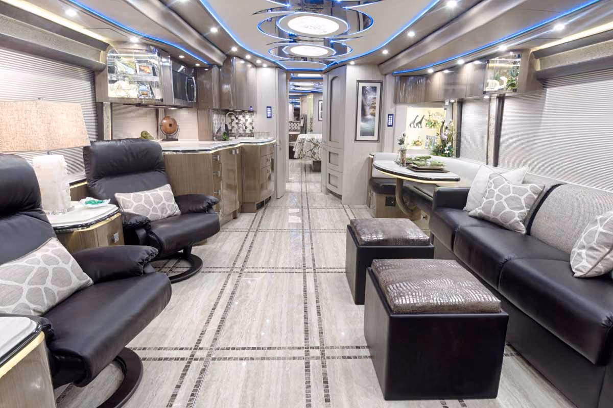 Interior salon of 2017 Marathon Coach 1245 with integrated Marathon systems