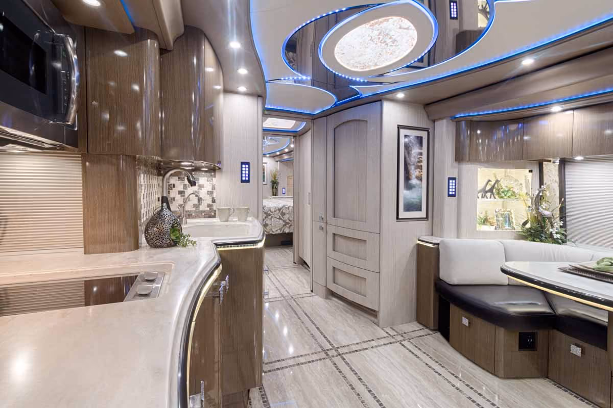 Interior galley kitchen of Marathon Coach 1245