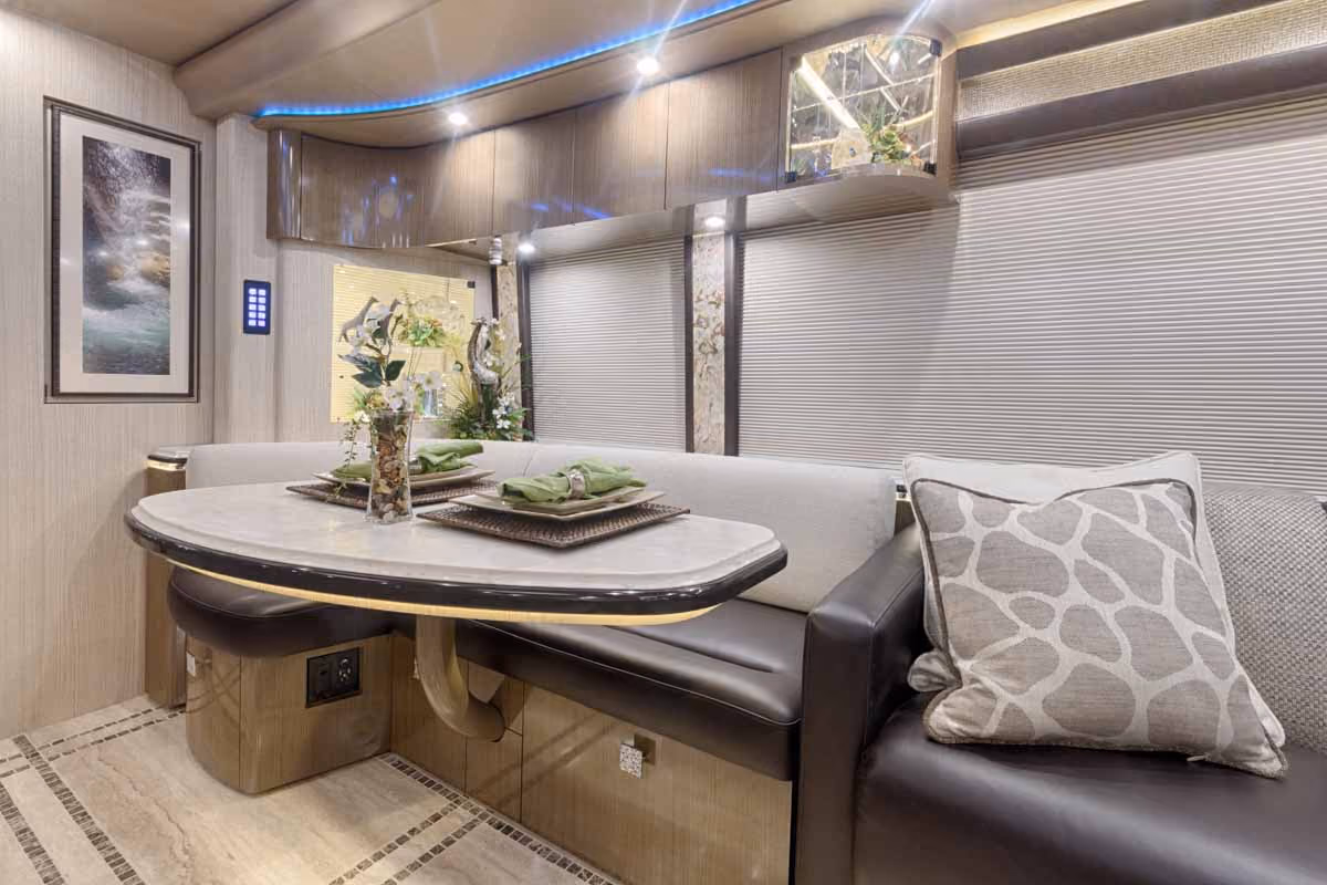 Interior salon cabinetry and finishes in Marathon Coach 1245