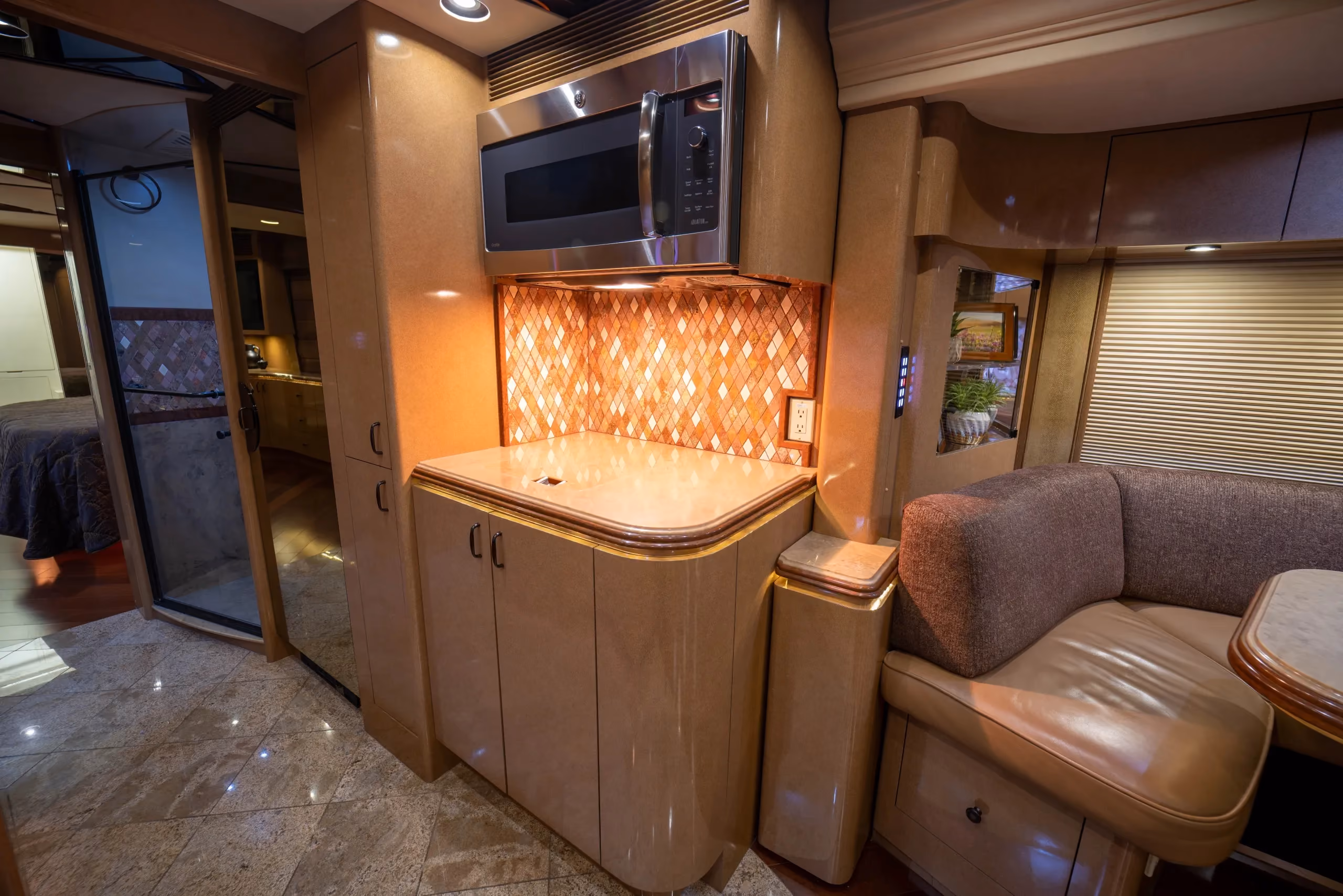 Interior galley kitchen of Marathon Coach 1176