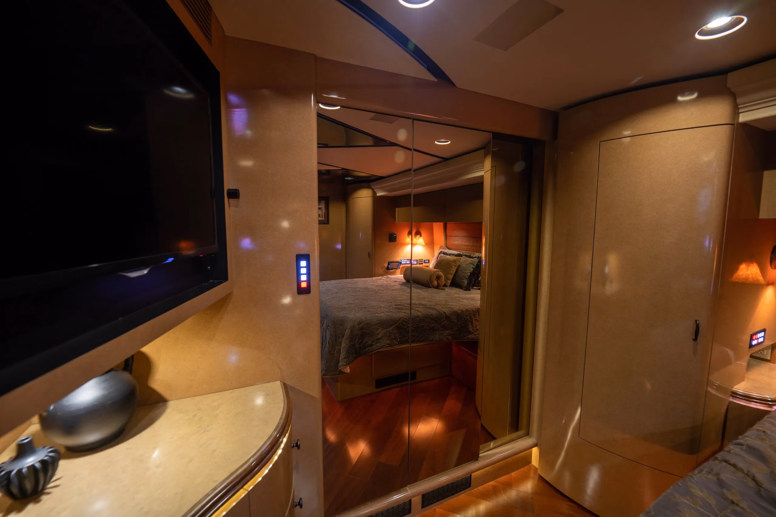 Interior rear bedroom suite of Marathon Coach 1176