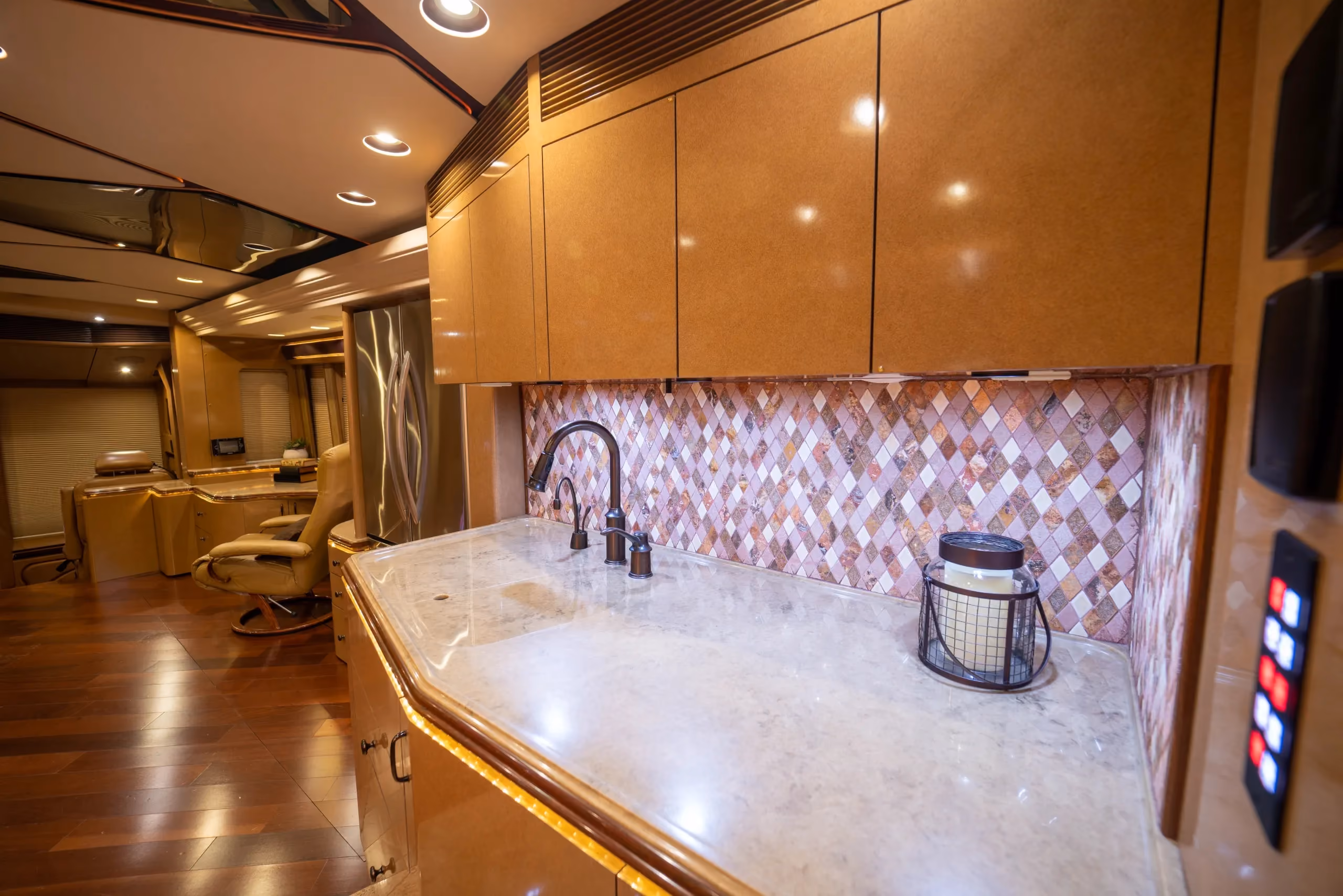 Interior salon cabinetry close-up in Marathon Coach 1176