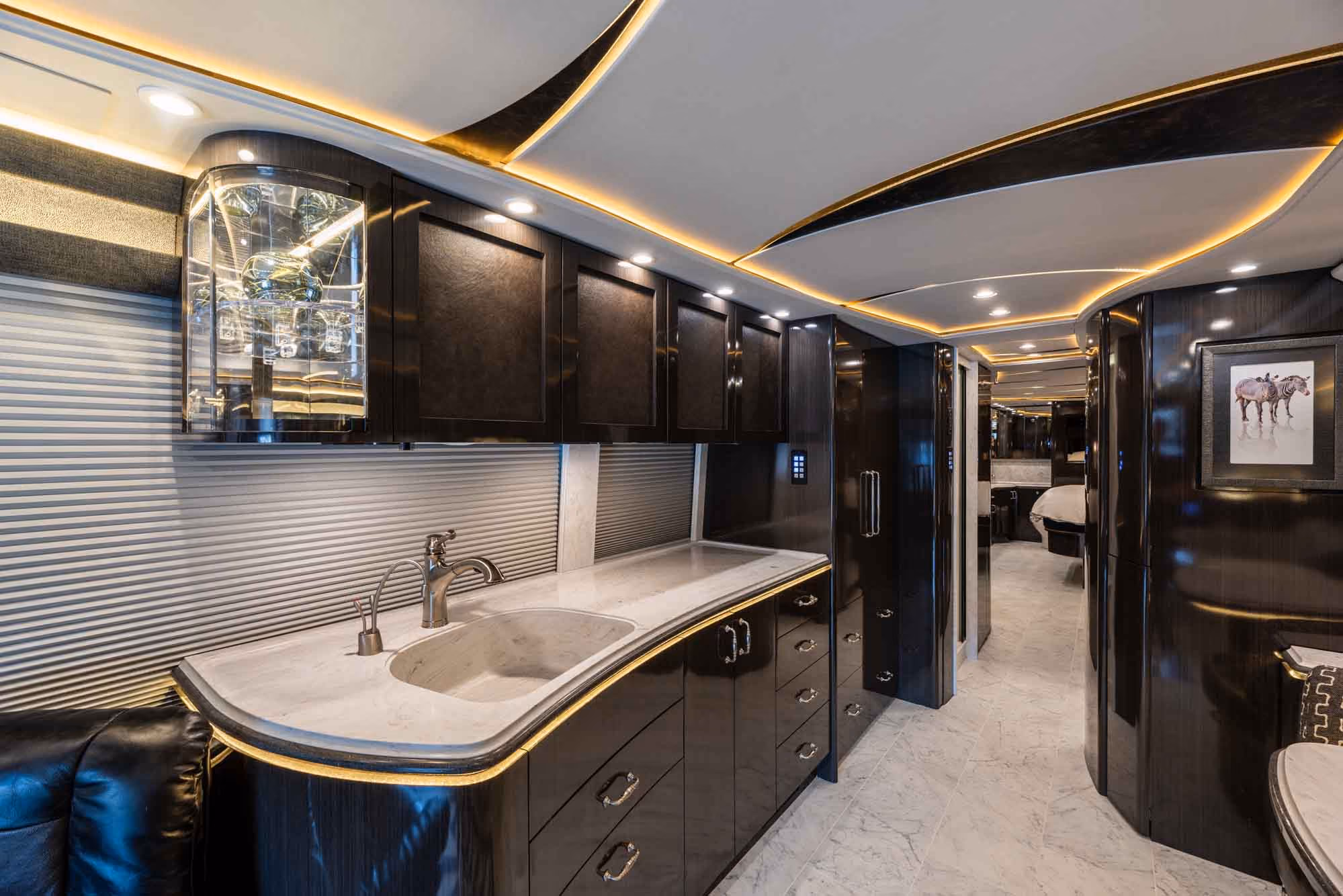 Interior galley countertop with Carrara tile in Marathon Coach 1321