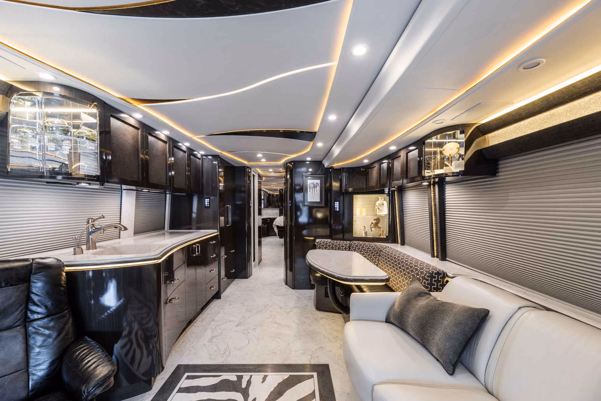 Interior salon cabinetry and finishes in Marathon Coach 1321