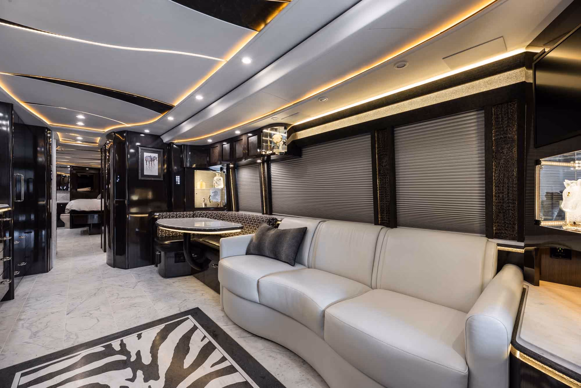 Interior living area of Marathon Coach 1321 with under-floor heating