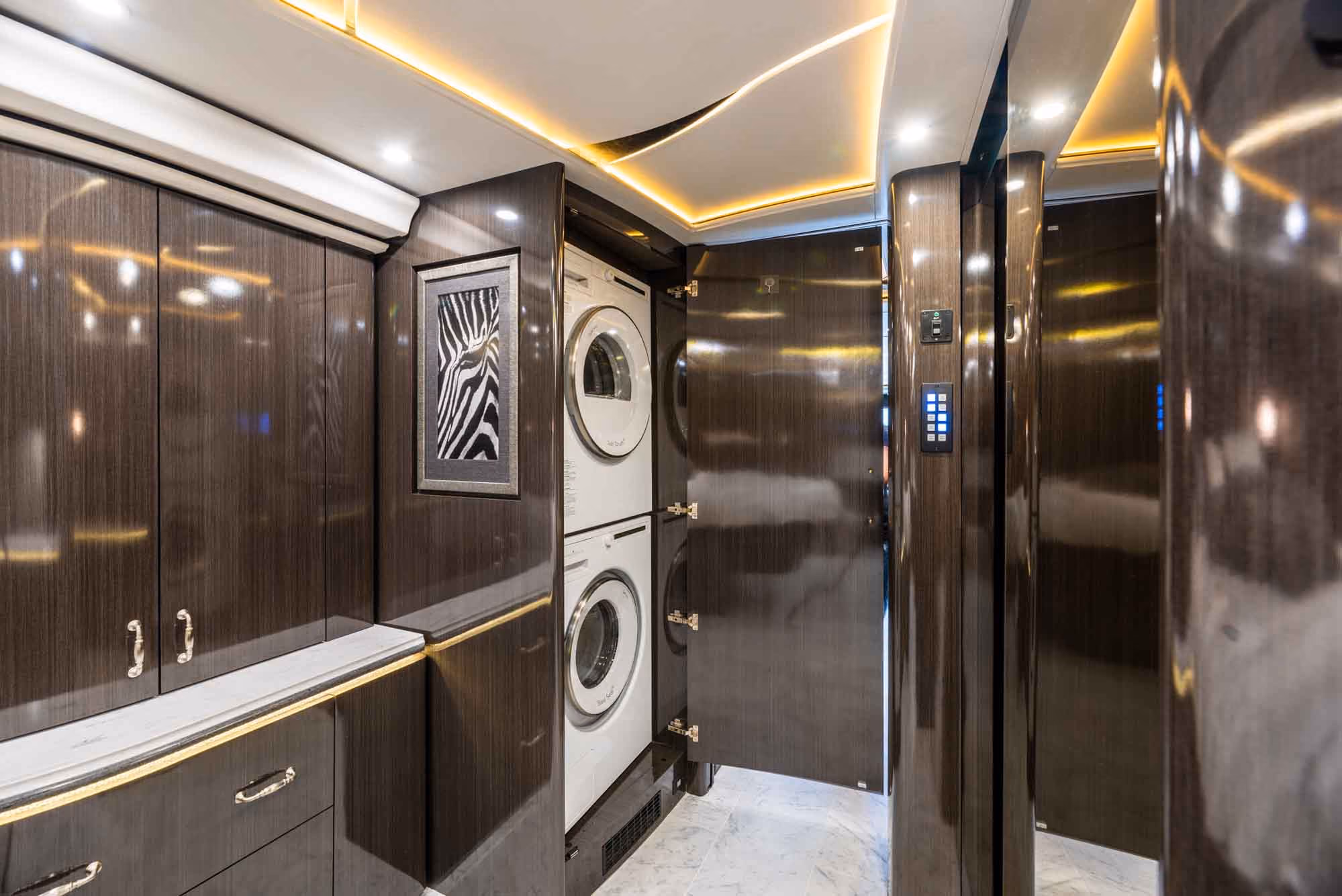 Interior rear bedroom suite of Marathon Coach 1321 with adjustable reclining bed
