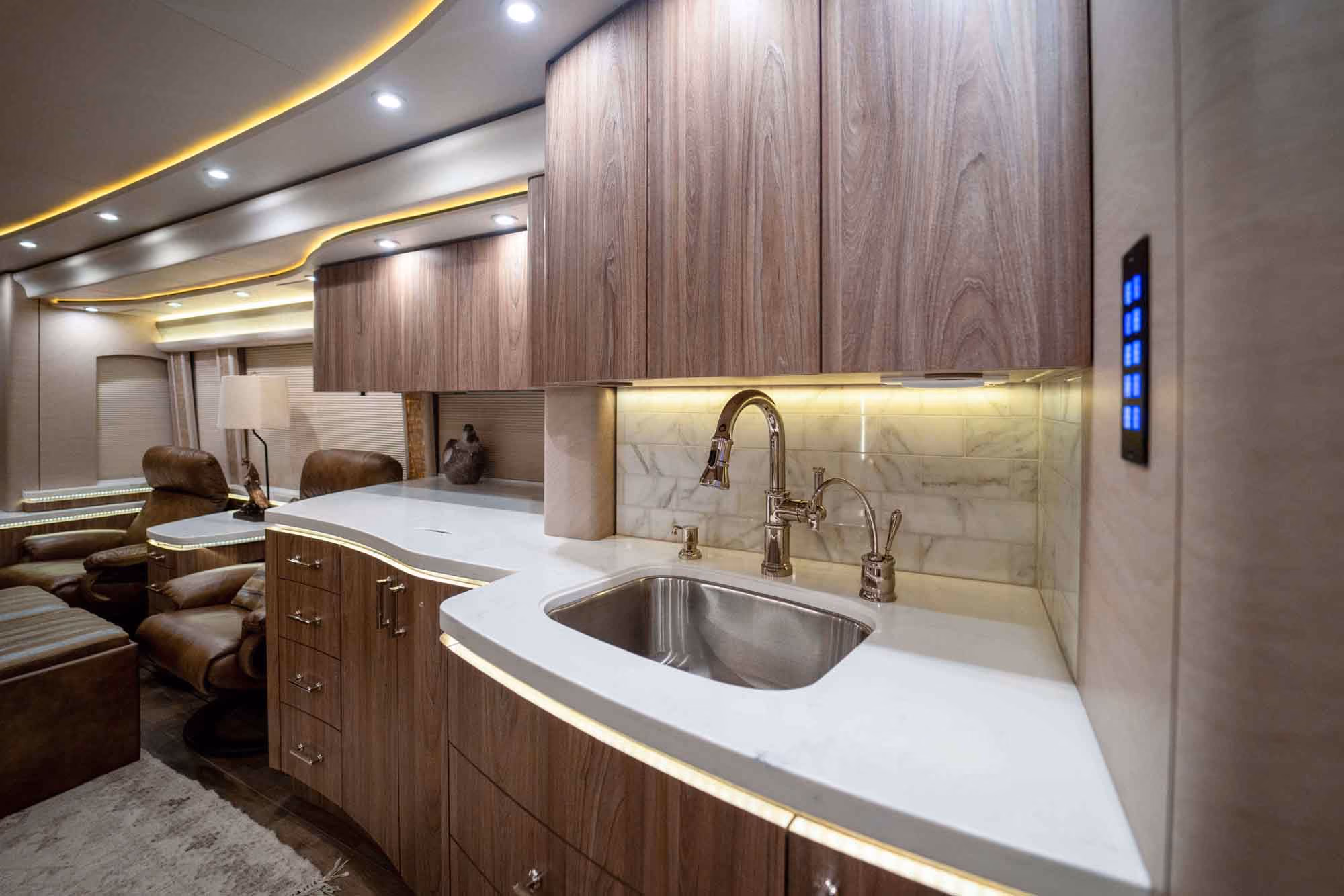 Interior galley surface and fixture detail in Marathon Coach 1287