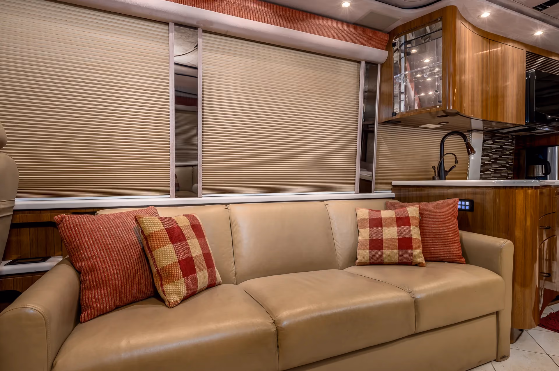 Interior salon cabinetry and finishes in Marathon Coach 1208
