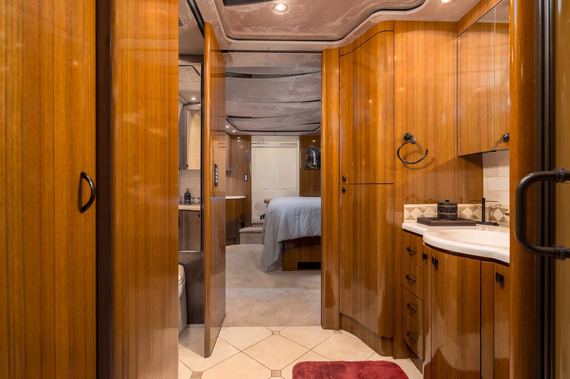 Interior bathroom area of Marathon Coach 1208