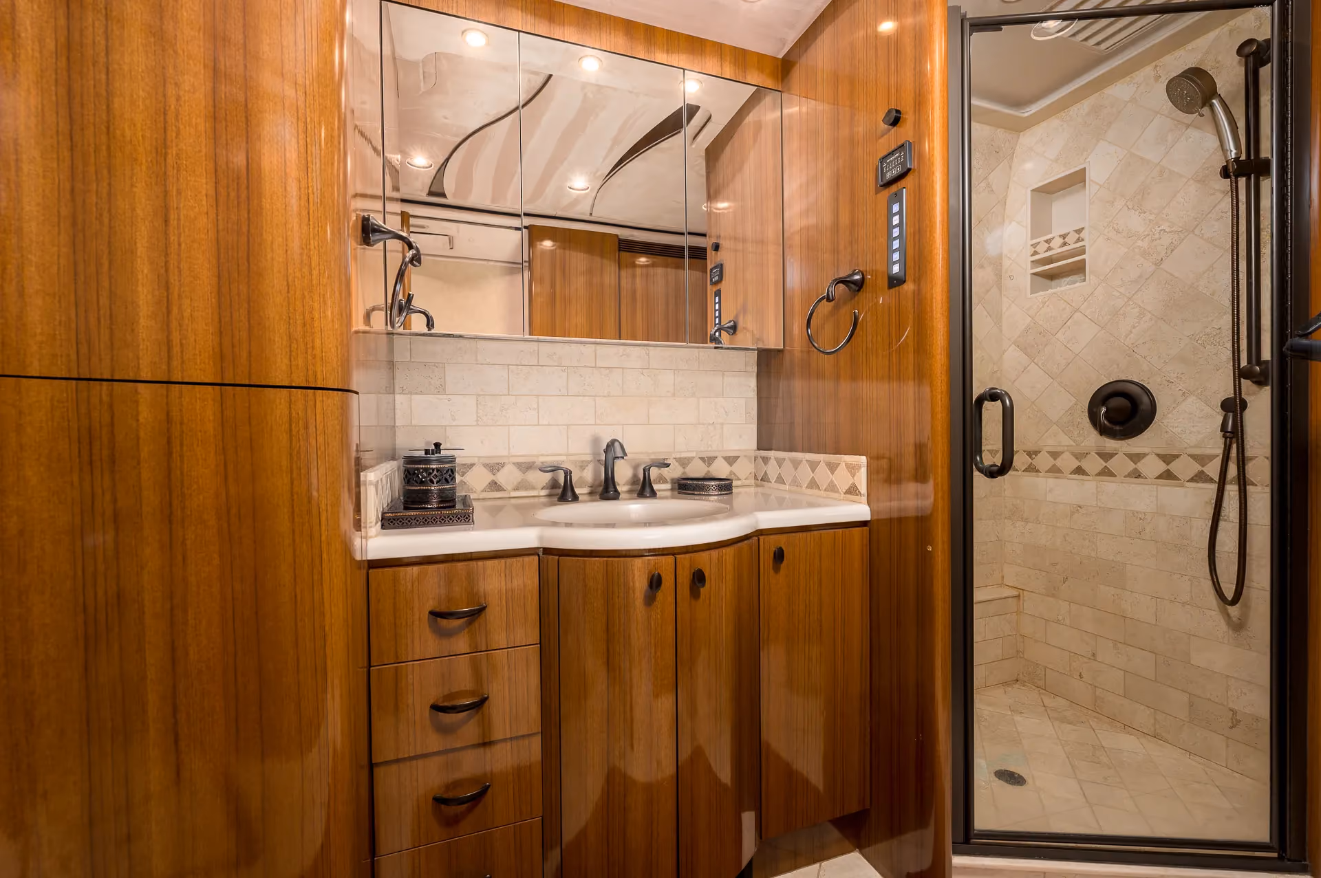 Interior bathroom vanity of Marathon Coach 1208