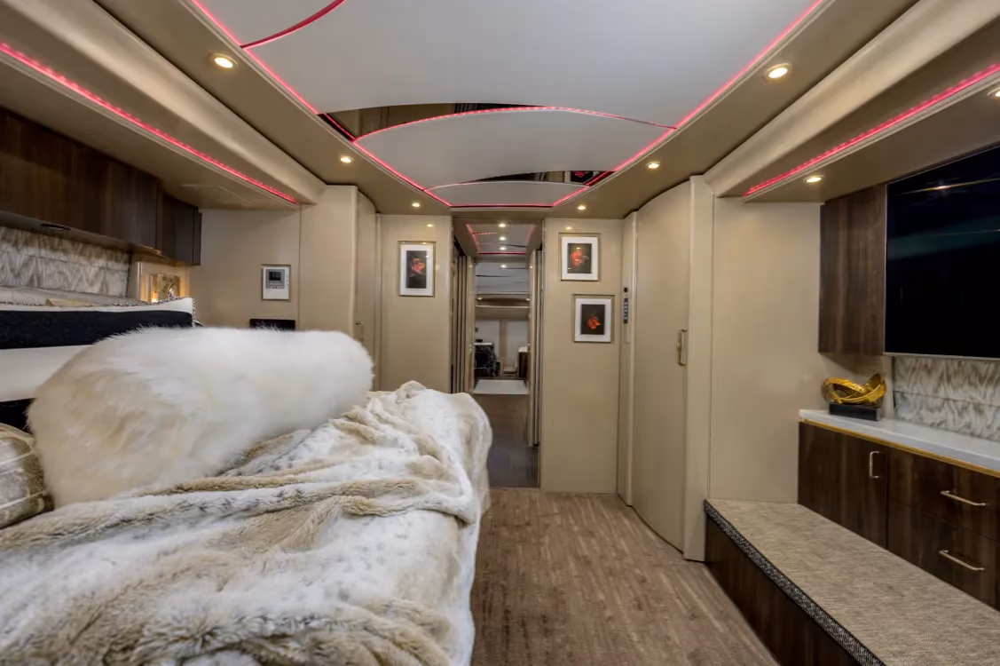 Interior bedroom cabinetry in Marathon Coach 1258