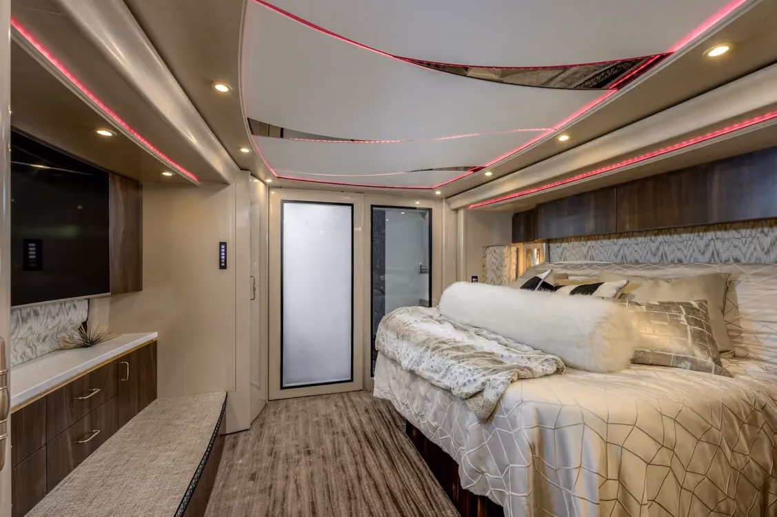 Interior bathroom vanity of Marathon Coach 1258