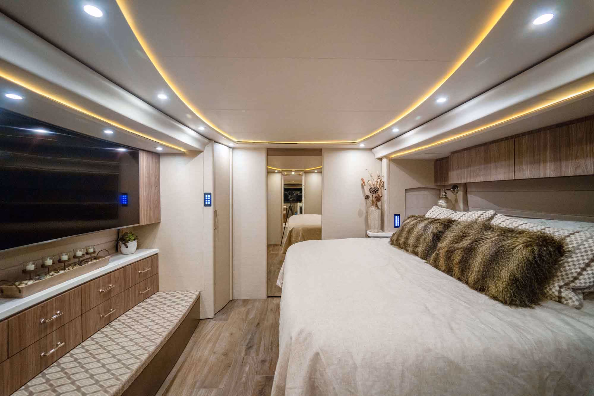 Interior rear bedroom suite of Marathon Coach 1287