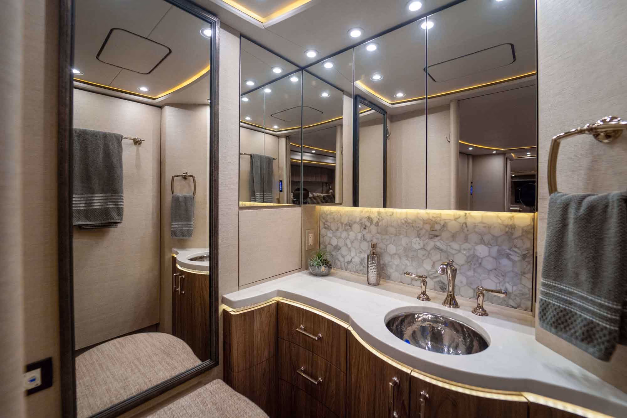 Interior Starlink and technology integration area of Marathon Coach 1287