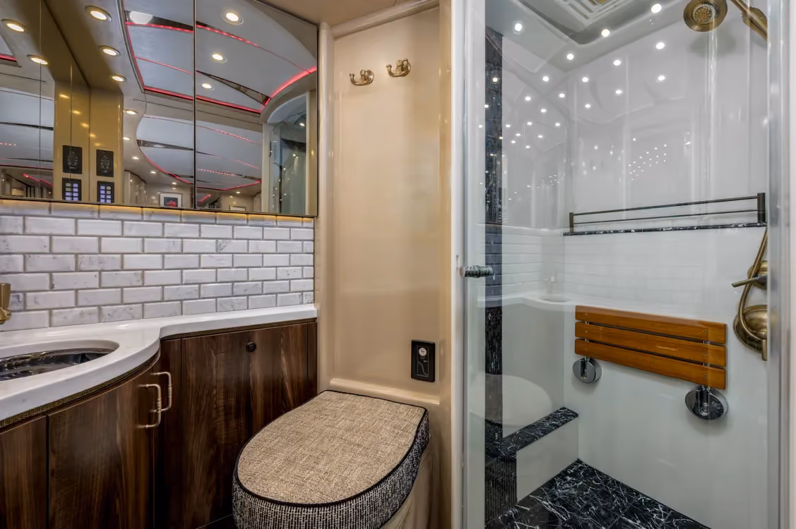 Interior rear bedroom suite of Marathon Coach 1258
