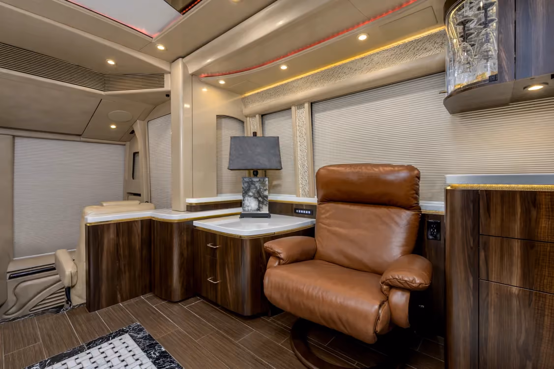 Interior galley kitchen with Sub-Zero refrigerator in Marathon Coach 1258