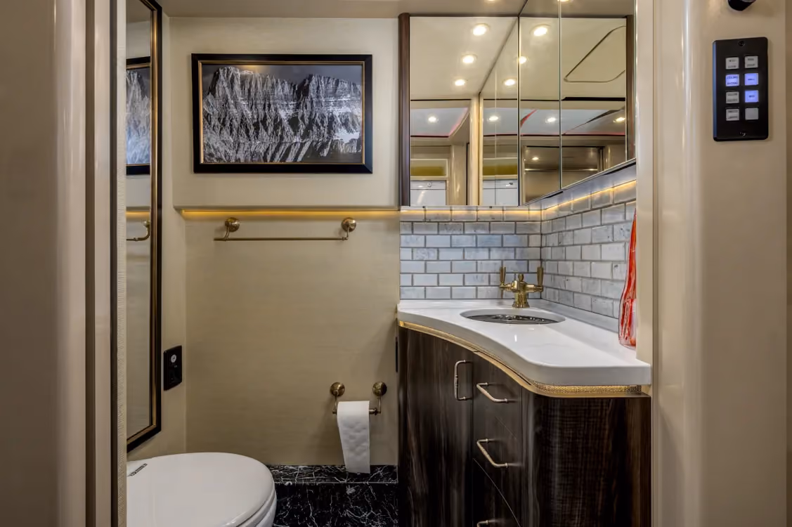 Interior bathroom area of Marathon Coach 1258