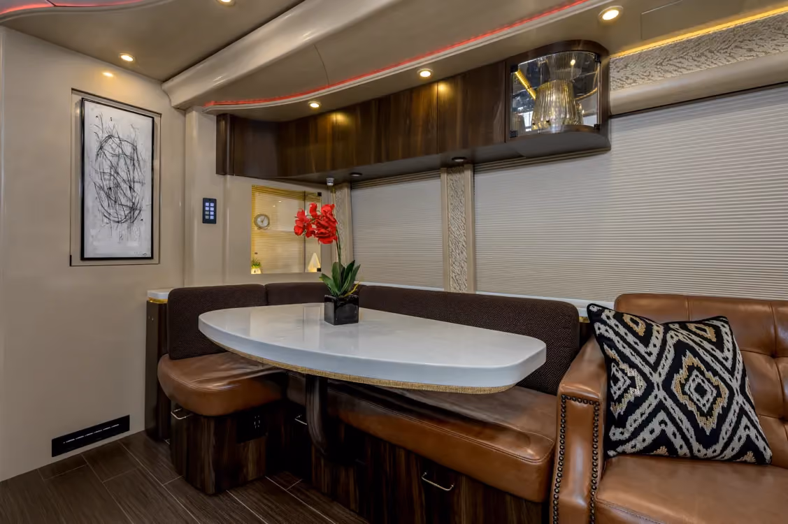 Interior galley with custom countertop edge treatment in Marathon Coach 1258