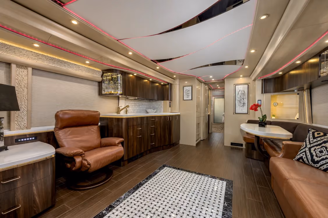 Interior living area with custom countertop edge treatment in Marathon Coach 1258