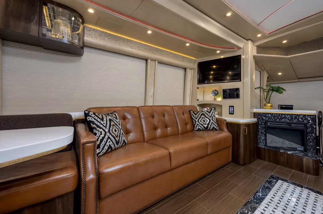 Interior salon cabinetry and finishes in Marathon Coach 1258