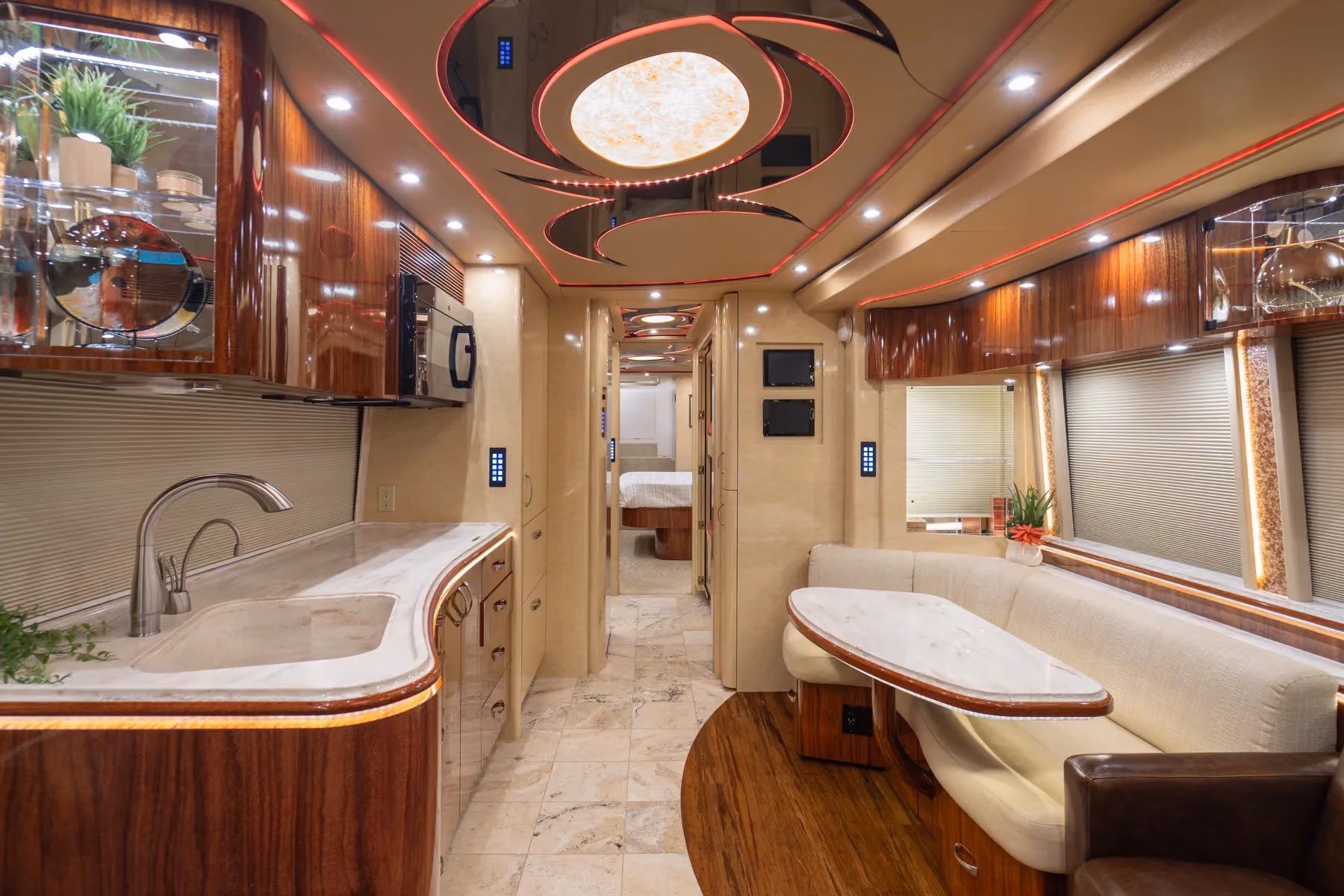 Interior salon cabinetry and finishes in Marathon Coach 1225
