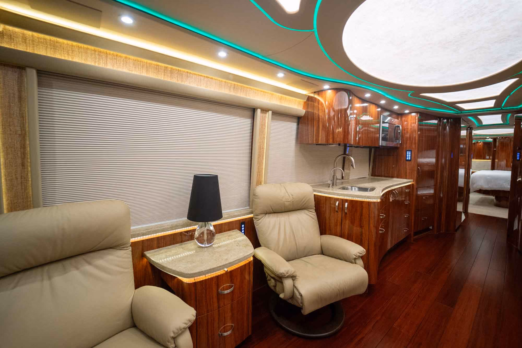 Interior salon cabinetry and finishes in Marathon Coach 1253