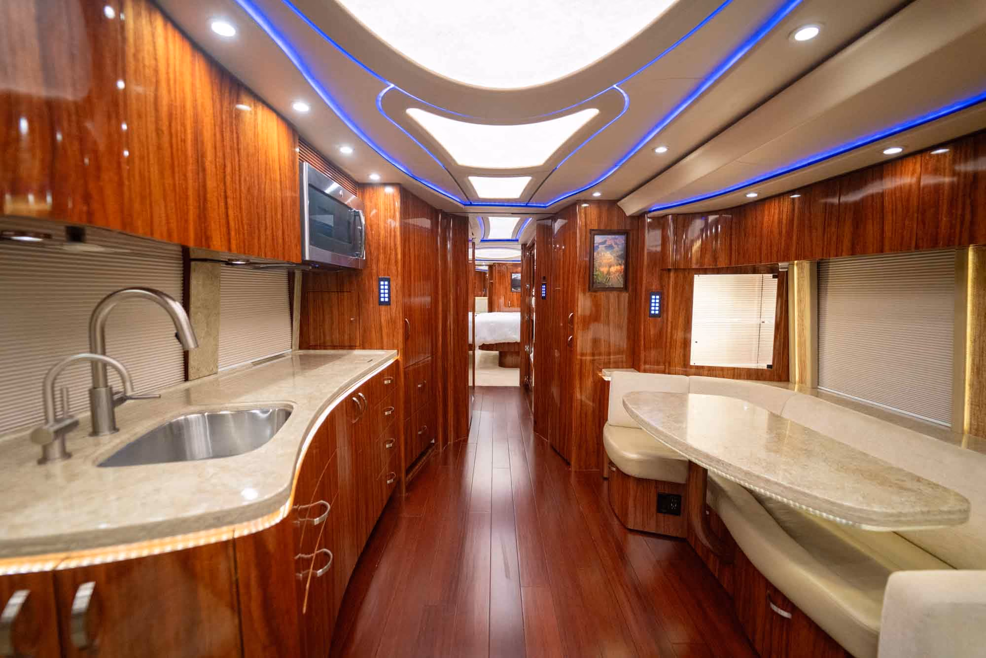 Interior galley countertop and cabinetry in Marathon Coach 1253