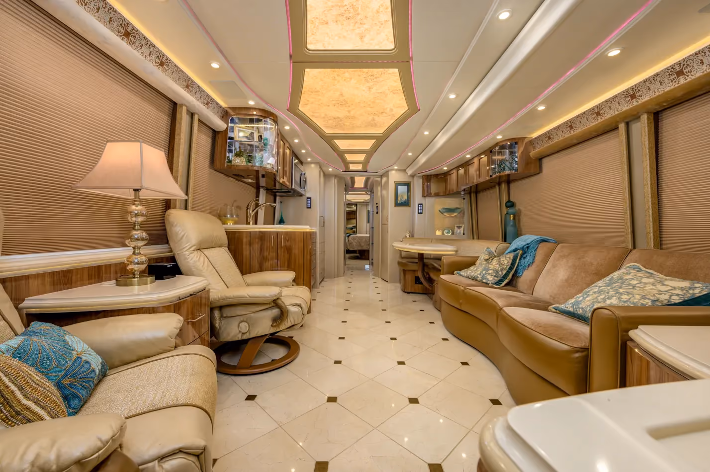 Interior salon of 2019 Marathon Coach 1288 with Crestron Smart Graphics and surround sound