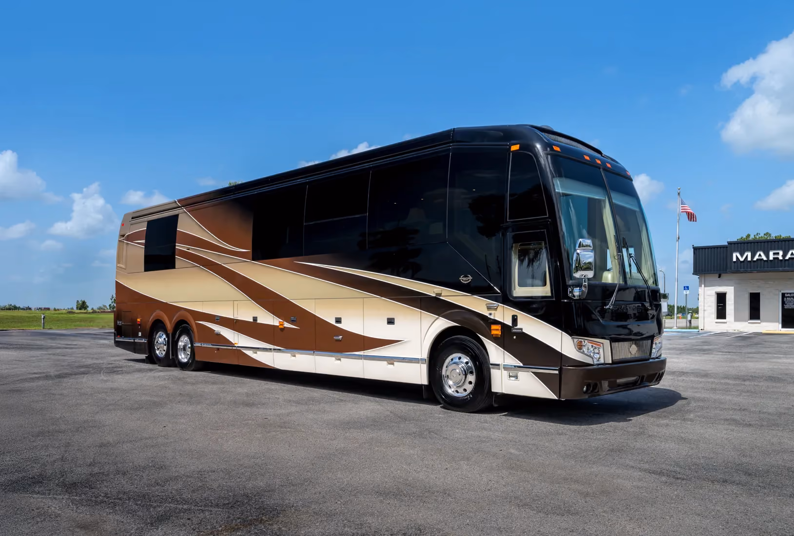 Exterior glamour shot of 2019 Marathon Coach 1288 on Prevost H3-45 chassis