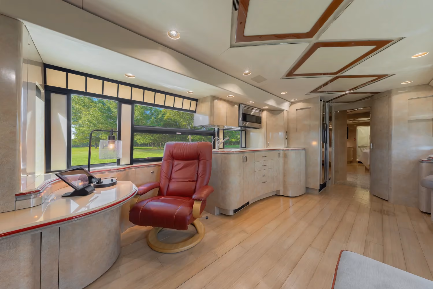 Interior living area of Marathon Coach 1154 with Crestron A/V surround sound